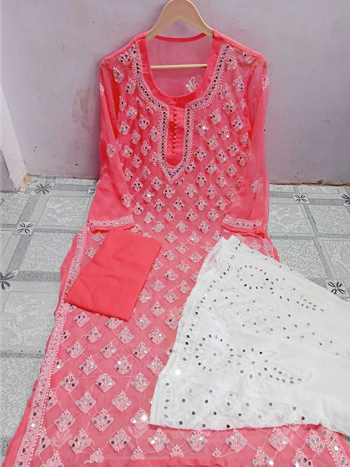 Lucknowi Latest Chiffon Booti Jaal With Inner And Sharara Set Febric Hand And Mirror Work Embroidry