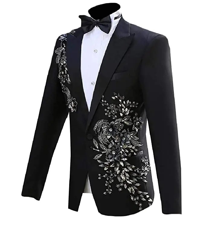 Black Mens Tuxedo One Button Stage Clothes Sequin Glitter Blazer Jacket