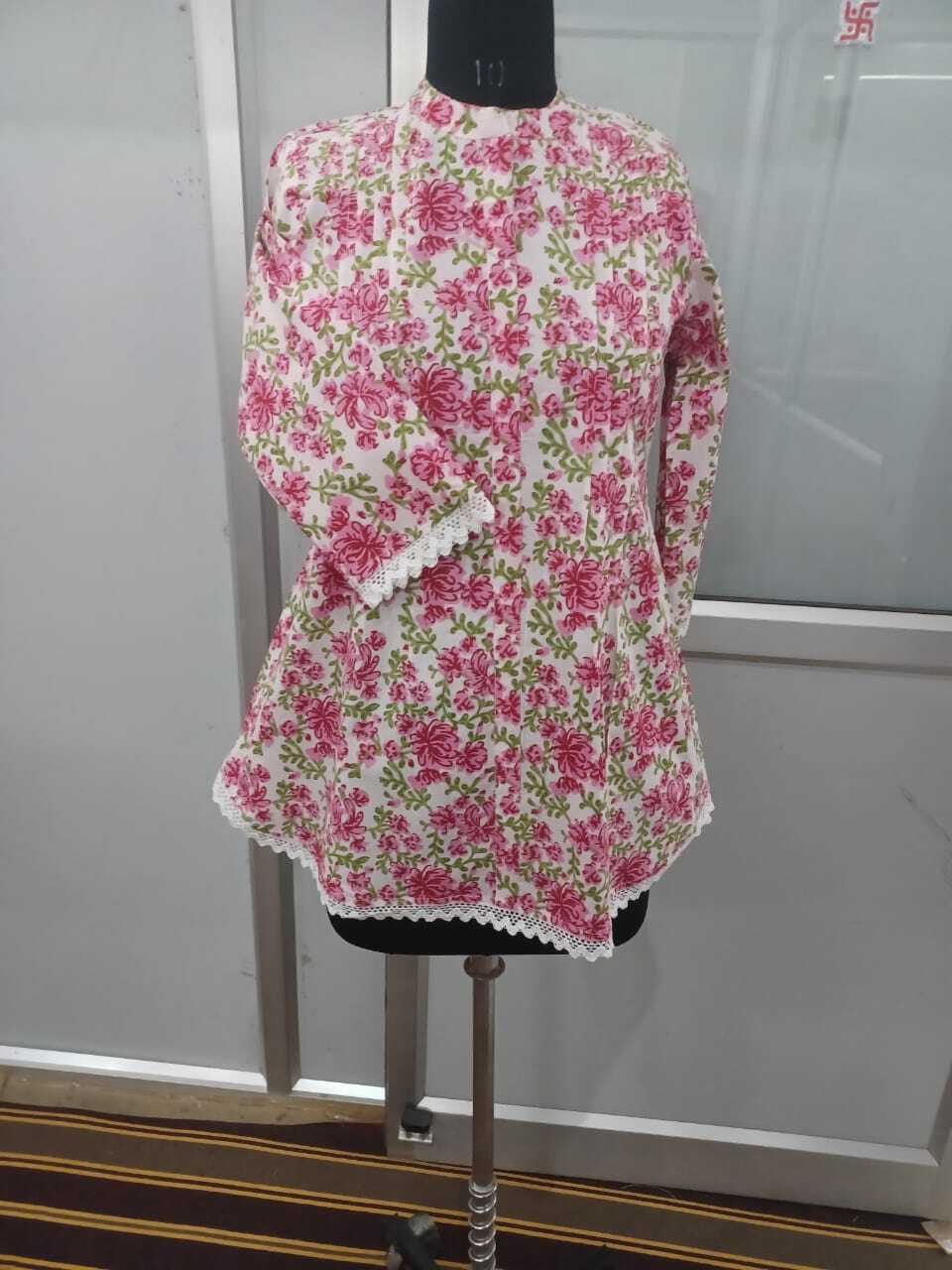 Printed Top - Cotton, S-xl Size Range, Navy Blue Color, Three-quarter Sleeve, V-neck , Floral Pattern For Casual Wear & Social Events