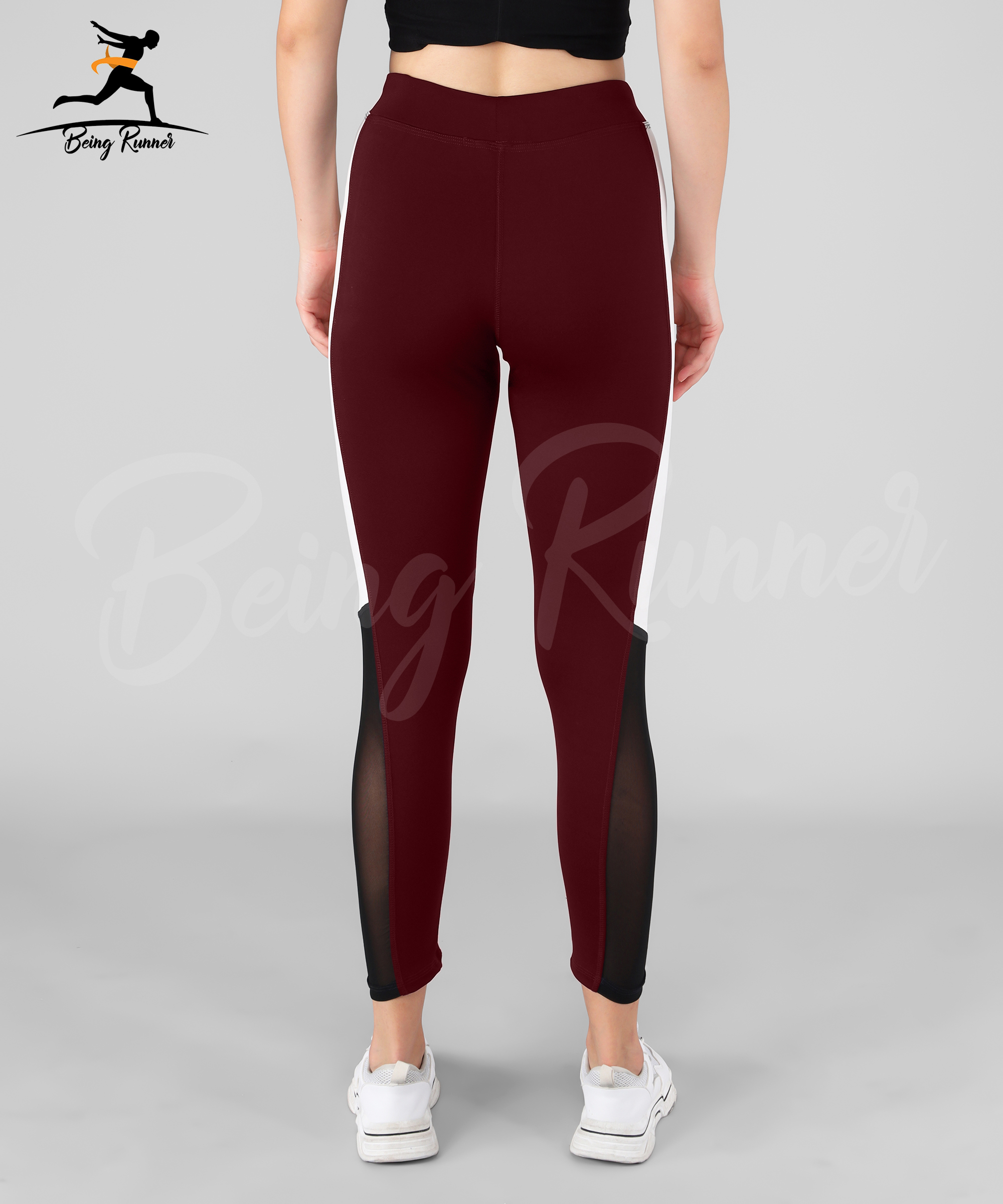 Being Runner Stretchable Lycra Yoga Pants With Pocket - 4 Way Lycra Material, Maroon With White Strip Color, Slim Fit , Solid Mesh Net Design, Custom Size Options
