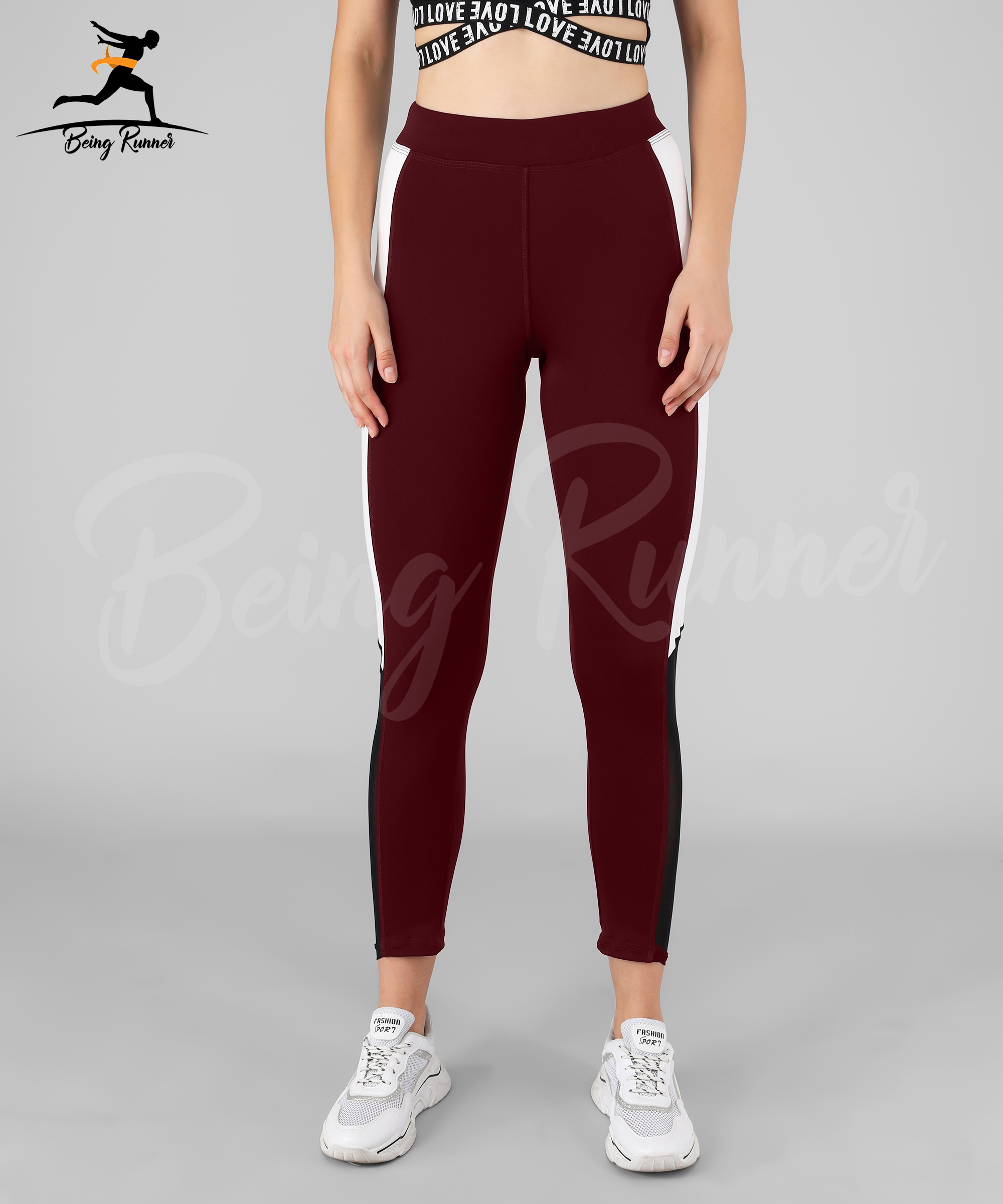 Being Runner Stretchable Lycra Yoga Pants With Pocket - 4 Way Lycra Material, Maroon With White Strip Color, Slim Fit , Solid Mesh Net Design, Custom Size Options