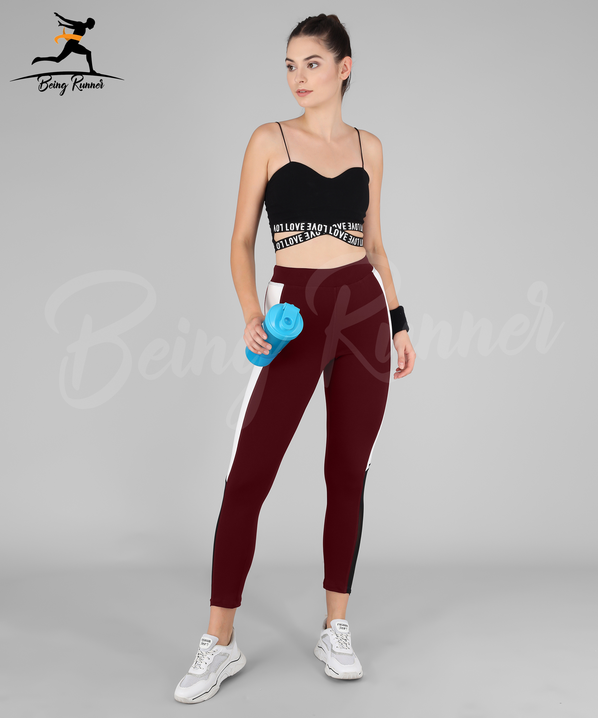 Being Runner Stretchable Lycra Yoga Pants With Pocket - 4 Way Lycra Material, Maroon With White Strip Color, Slim Fit , Solid Mesh Net Design, Custom Size Options