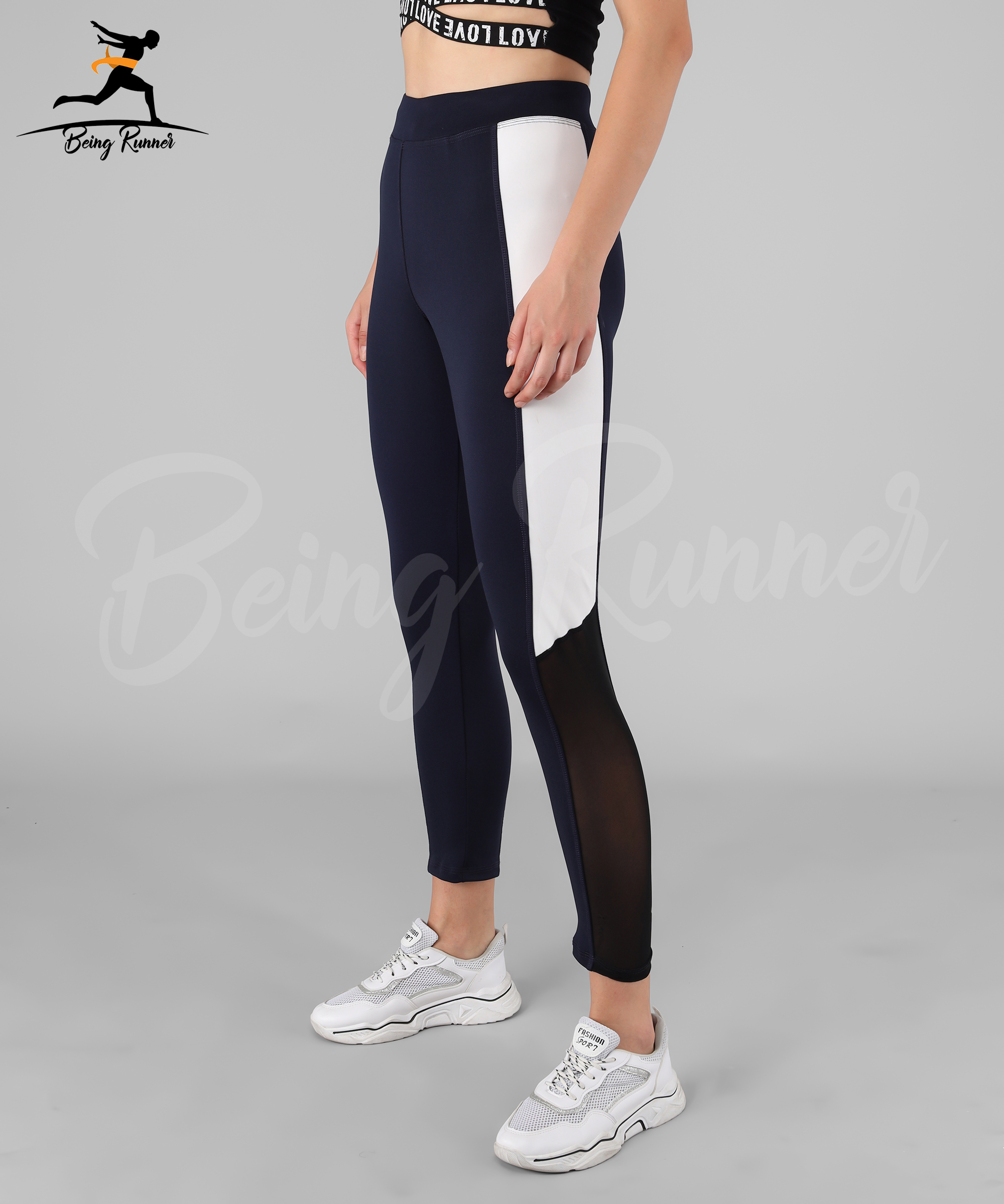 Being Runner Navy Blue Yoga Pants And Leggings With Pocket - 4 Way Lycra Size S-xxxl Slim Fit | Solid Mesh Net With Strips Casual Workout Leggings