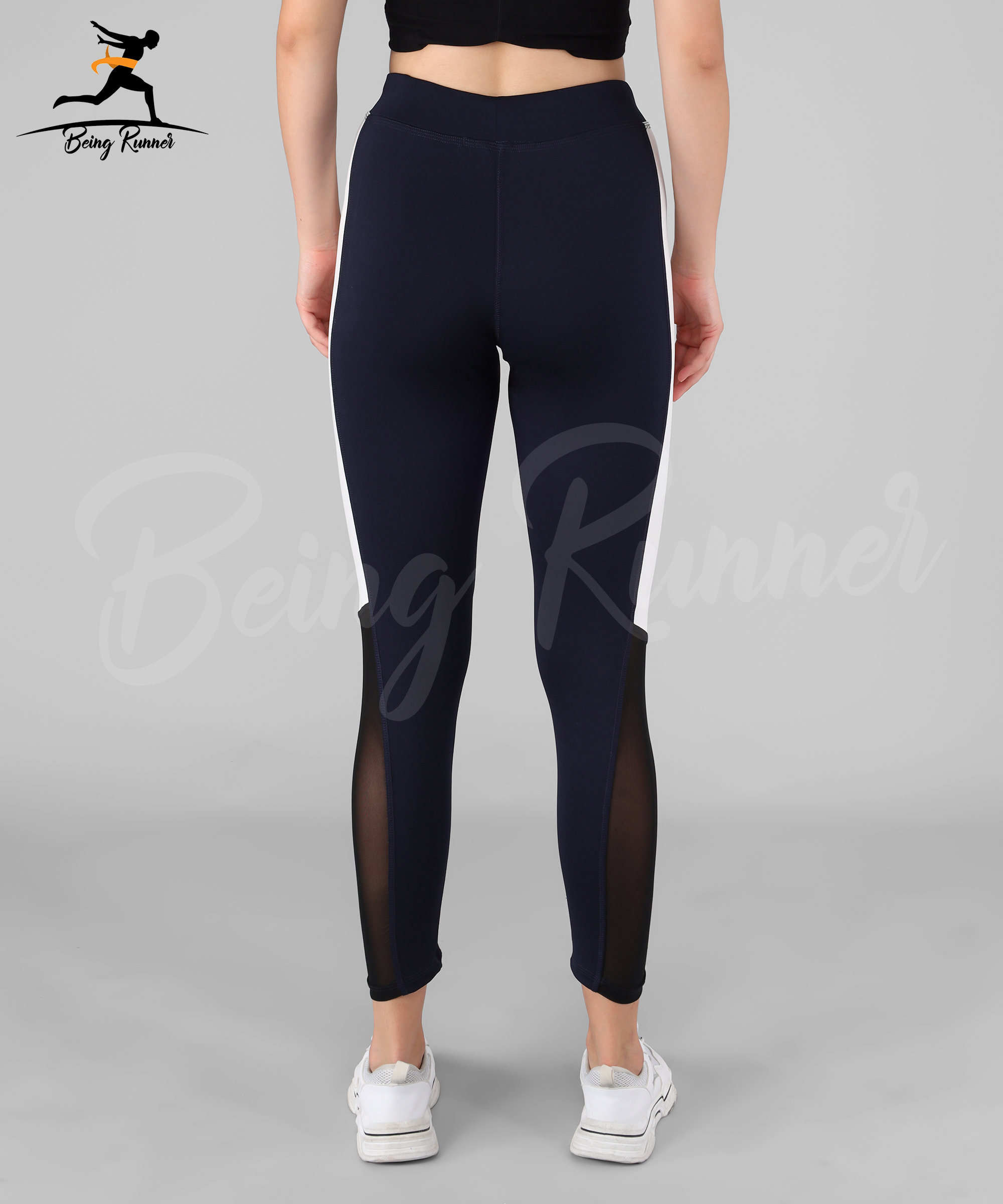 Being Runner Navy Blue Yoga Pants And Leggings With Pocket - 4 Way Lycra Size S-xxxl Slim Fit | Solid Mesh Net With Strips Casual Workout Leggings