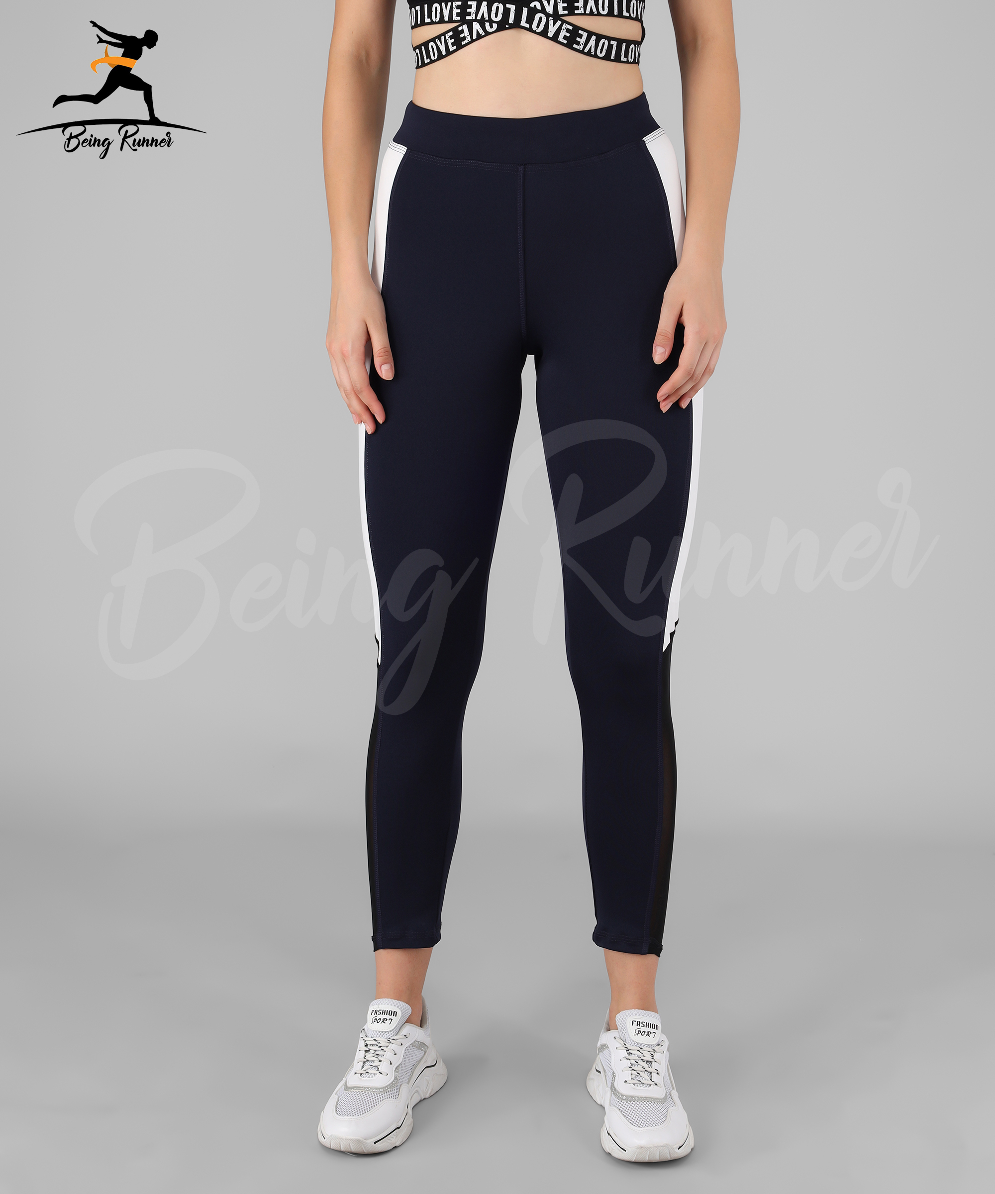 Being Runner Navy Blue Yoga Pants And Leggings With Pocket - 4 Way Lycra Size S-xxxl Slim Fit | Solid Mesh Net With Strips Casual Workout Leggings