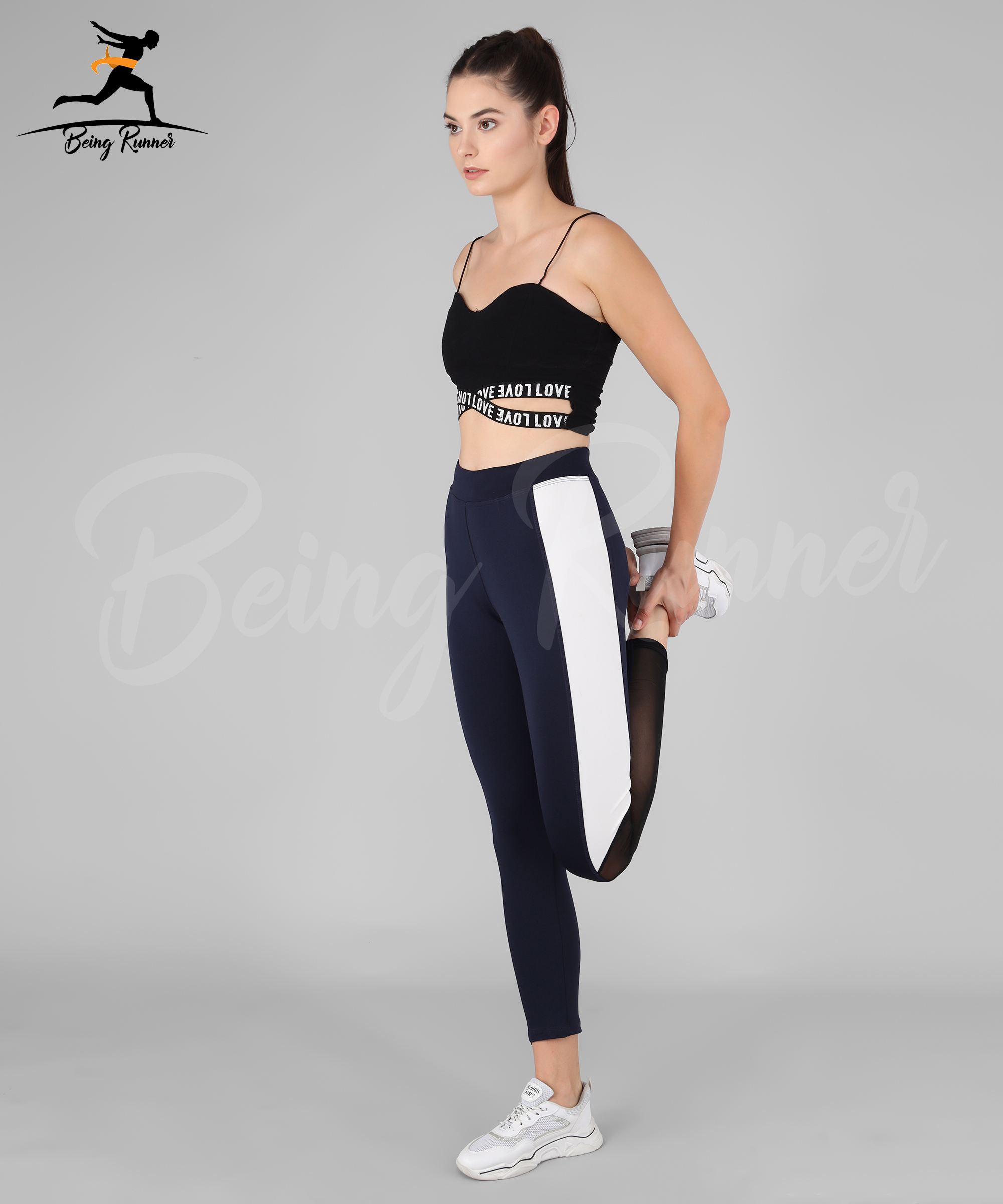 Being Runner Navy Blue Yoga Pants And Leggings With Pocket - 4 Way Lycra Size S-xxxl Slim Fit | Solid Mesh Net With Strips Casual Workout Leggings