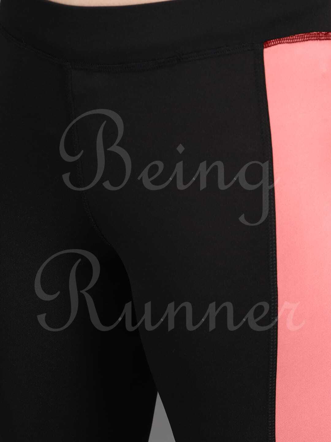 Being Runner Trendy Black With Mesh Stretchable Yoga Tights - Spandex, Customized Sizes (S-xxxl), Black With Peach Strip, 4-way Lycra, Slim Fit, Summer Style, Mesh Net Design