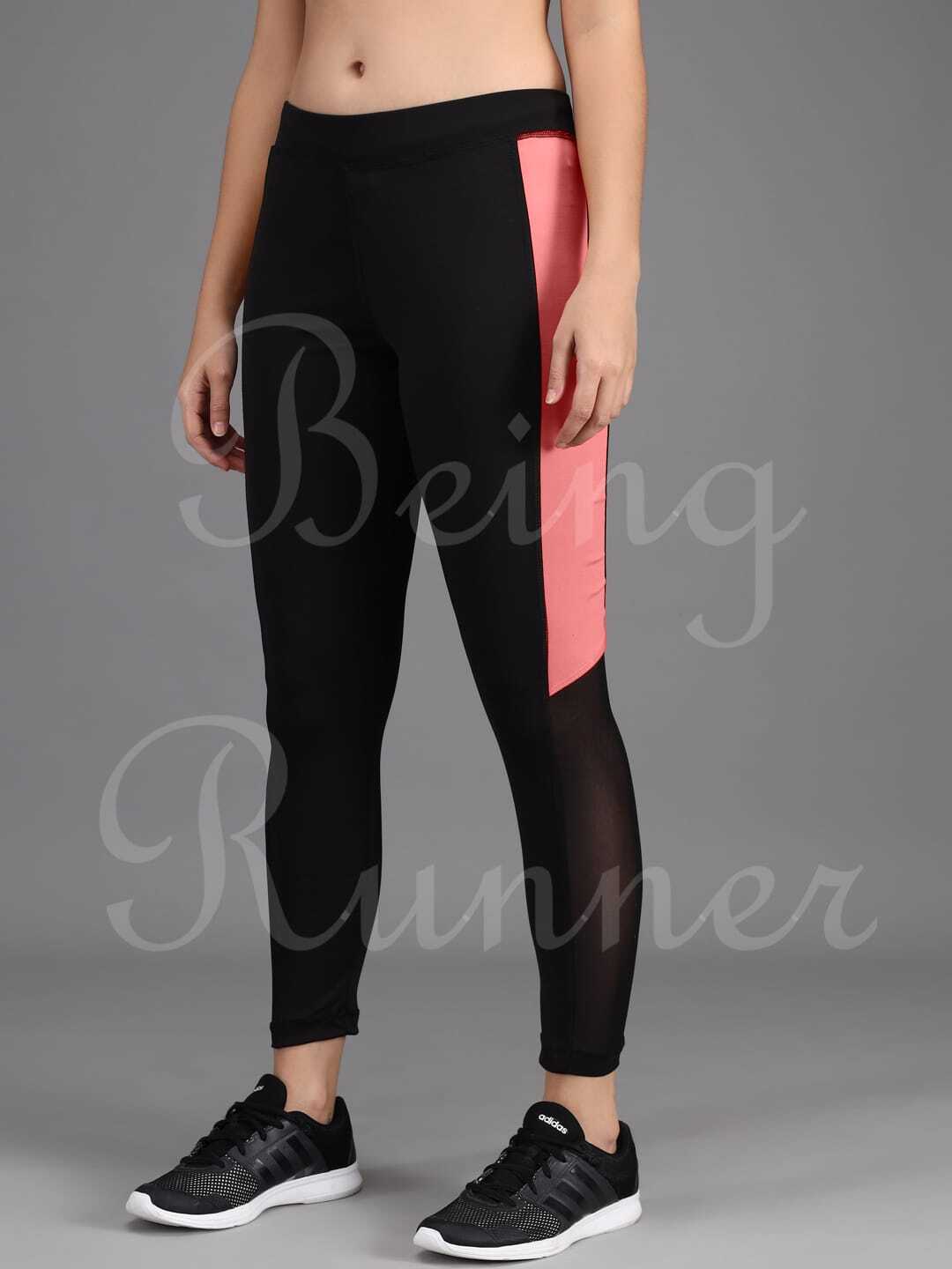 Being Runner Trendy Black With Mesh Stretchable Yoga Tights - Spandex, Customized Sizes (S-xxxl), Black With Peach Strip, 4-way Lycra, Slim Fit, Summer Style, Mesh Net Design