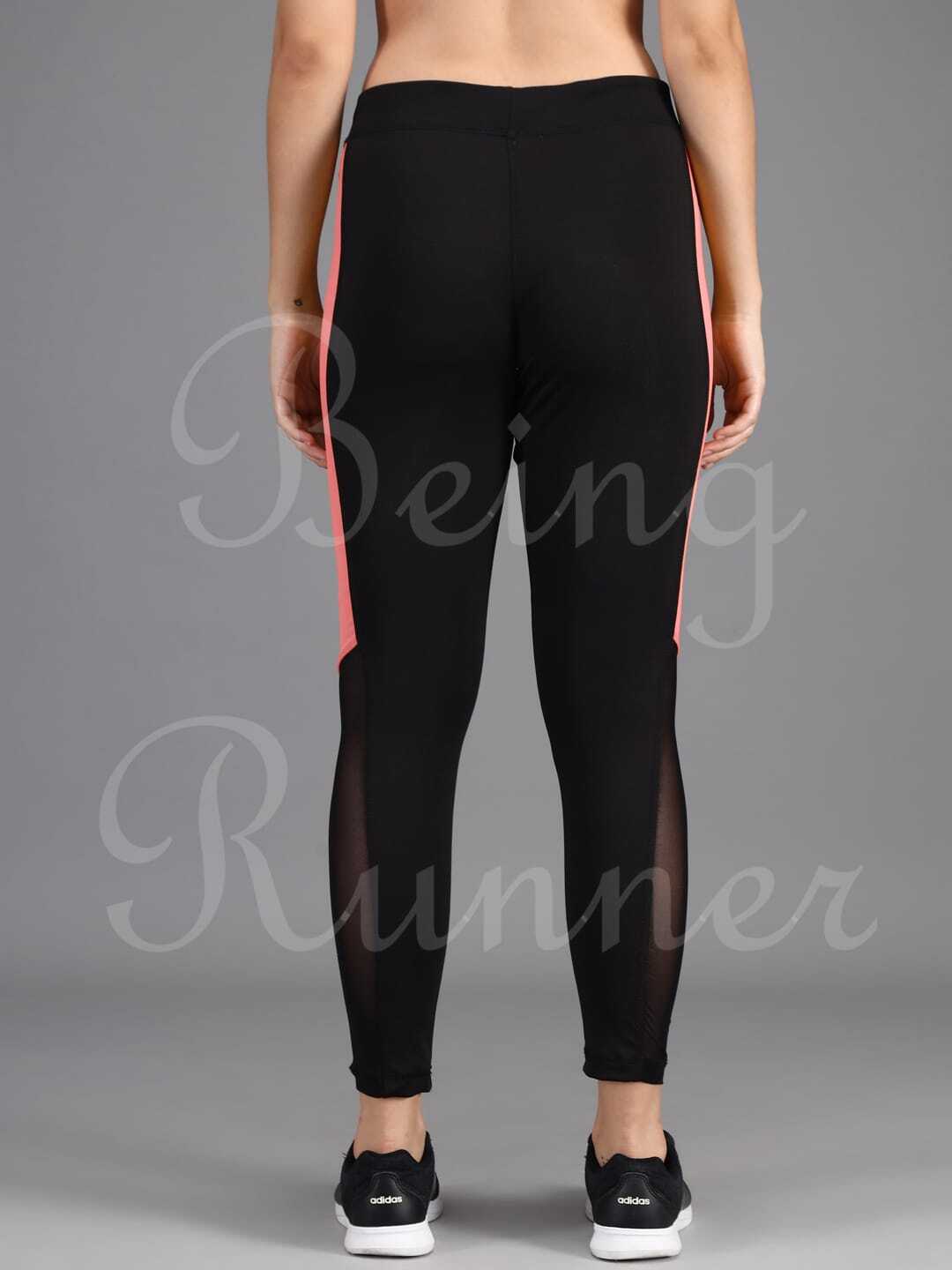 Being Runner Trendy Black With Mesh Stretchable Yoga Tights - Spandex, Customized Sizes (S-xxxl), Black With Peach Strip, 4-way Lycra, Slim Fit, Summer Style, Mesh Net Design