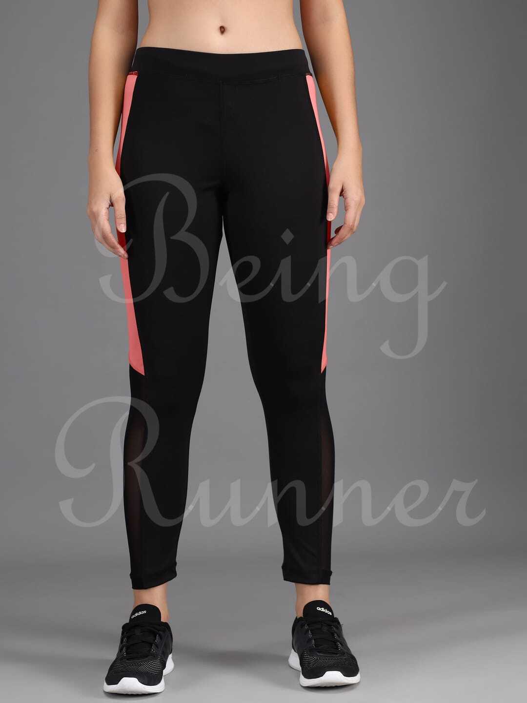 Being Runner Trendy Black With Mesh Stretchable Yoga Tights - Spandex, Customized Sizes (S-xxxl), Black With Peach Strip, 4-way Lycra, Slim Fit, Summer Style, Mesh Net Design