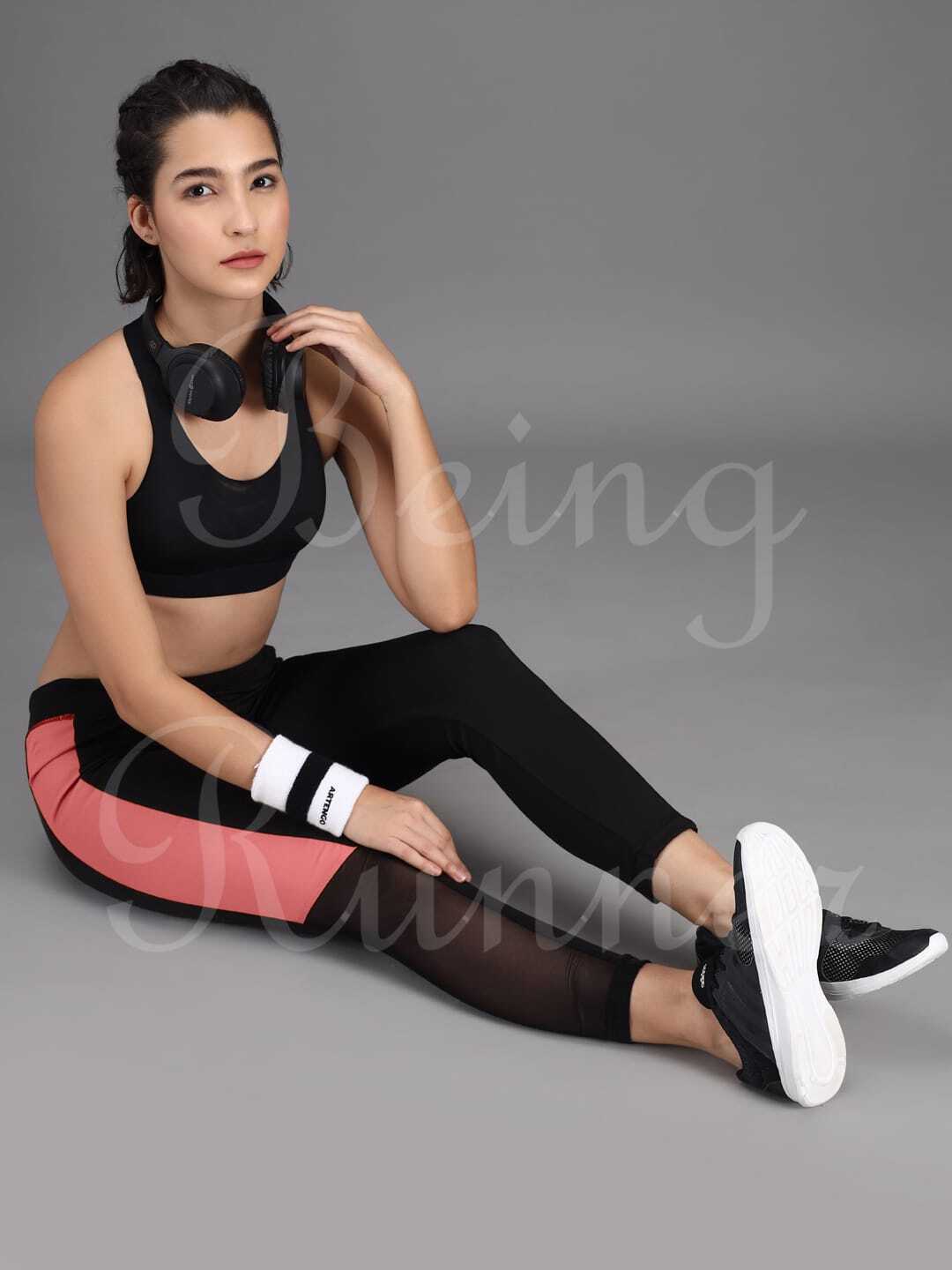 Being Runner Trendy Black With Mesh Stretchable Yoga Tights - Spandex, Customized Sizes (S-xxxl), Black With Peach Strip, 4-way Lycra, Slim Fit, Summer Style, Mesh Net Design