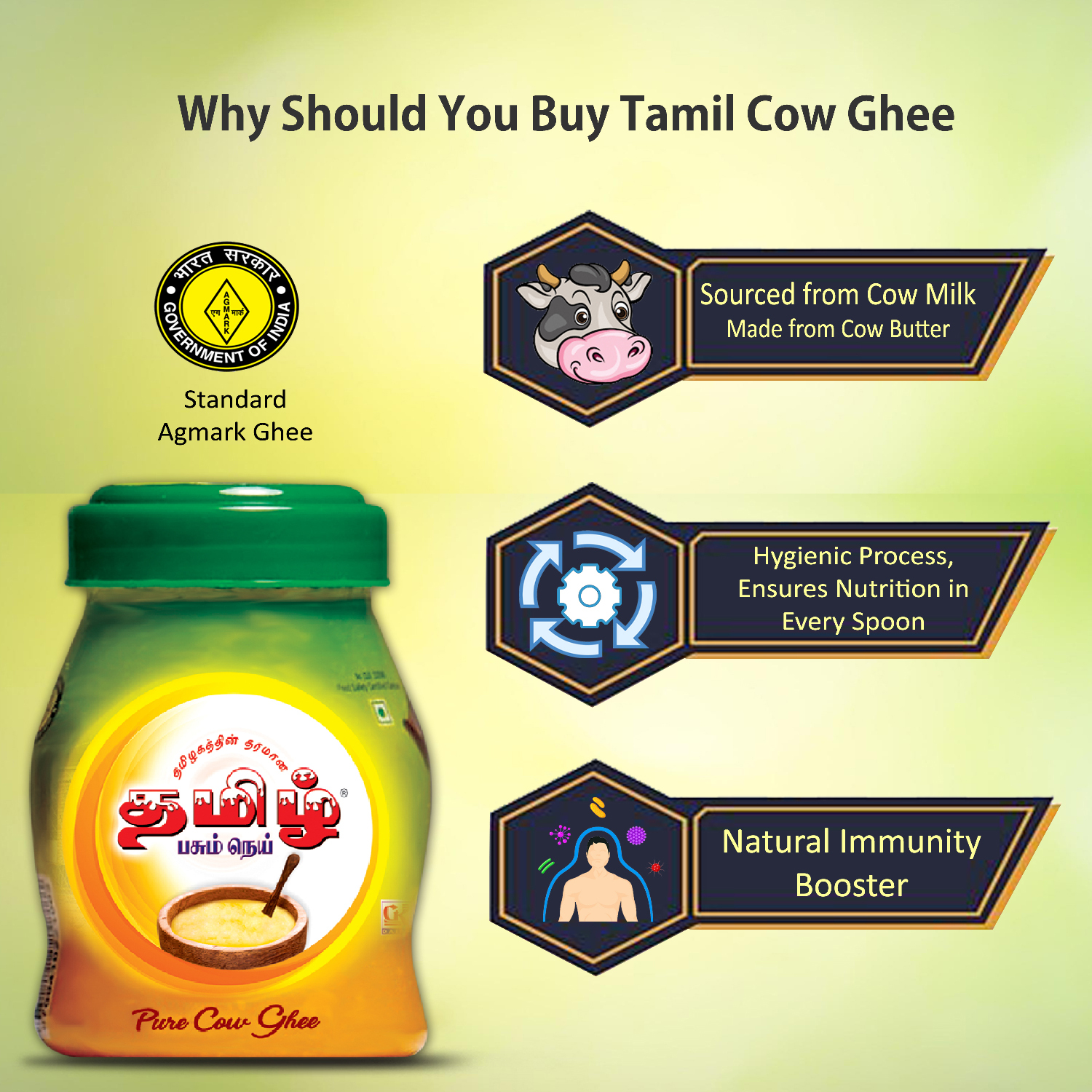 Organic Pure Cow Ghee - 1 Ltr Agmark Certified Rich In Vitamin A Light Yellow Color Raw Milk Processed 6 Months Shelf Life