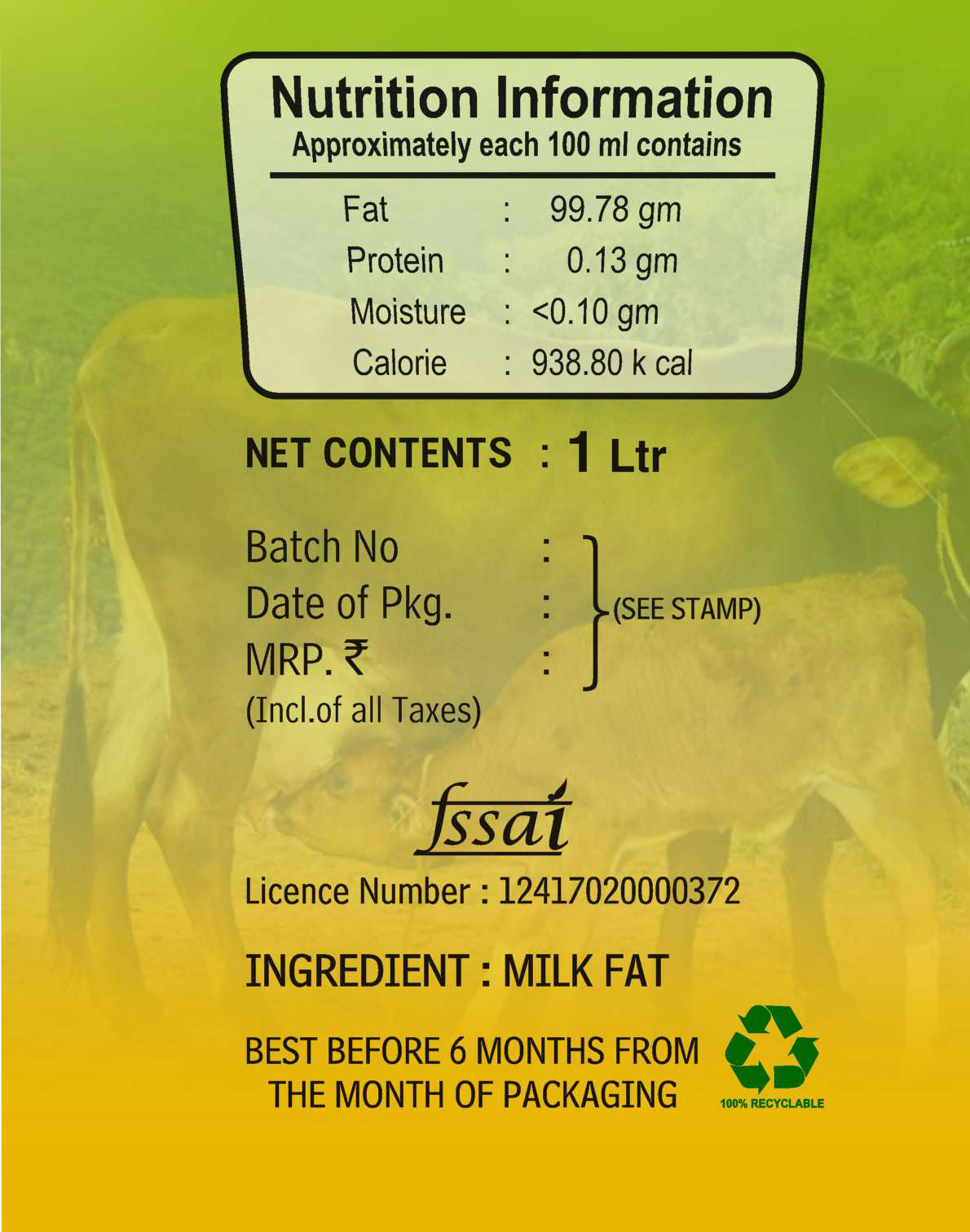 Organic Pure Cow Ghee - 1 Ltr Agmark Certified Rich In Vitamin A Light Yellow Color Raw Milk Processed 6 Months Shelf Life