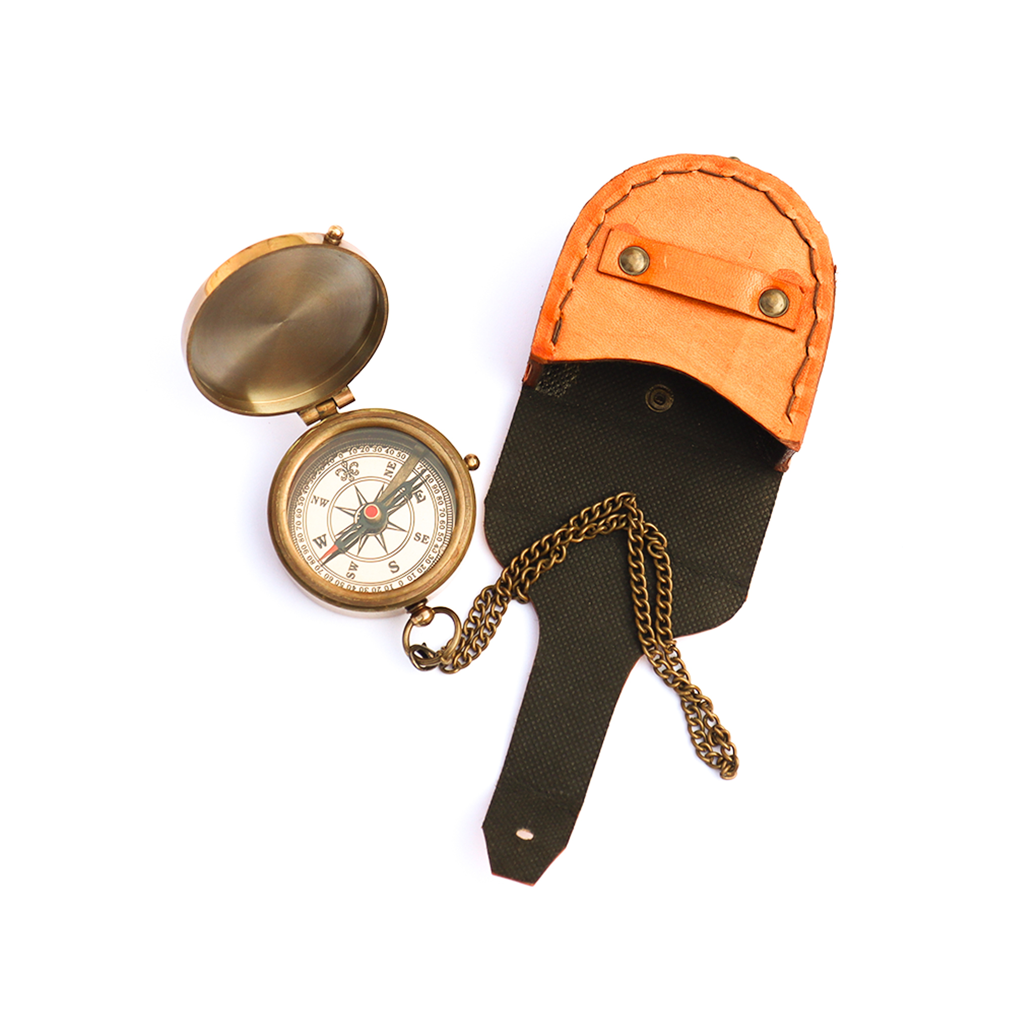 Handmade Nautical Brass Antique Flat Pocket Compass With Leather Case