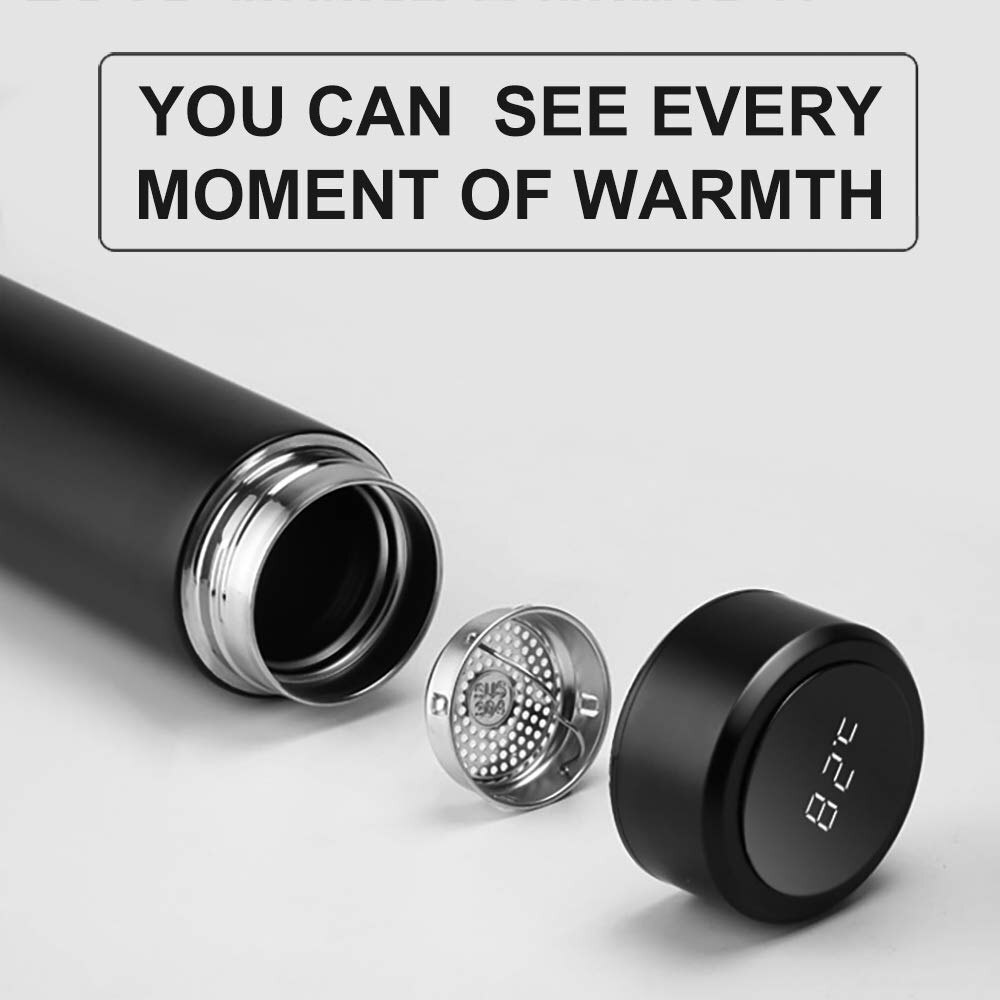 Smart Vacuum Insulated Bottle - 500ml Stainless Steel, Black | Led Temperature Display, Tea Filter, Silicone Anti-slip Pad