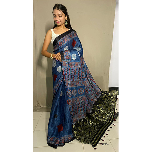 कॉटन सिल्क अजरख नक्सी पल्लू साड़ियां