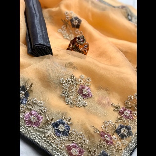 Silk Saree - 5.5 Yards Heavy Pure Orgenza Silk, Majestic Colors With Contrast Double Sequence Golden Embroidery, Pearl Work & Banglori Satin Silk Blouse