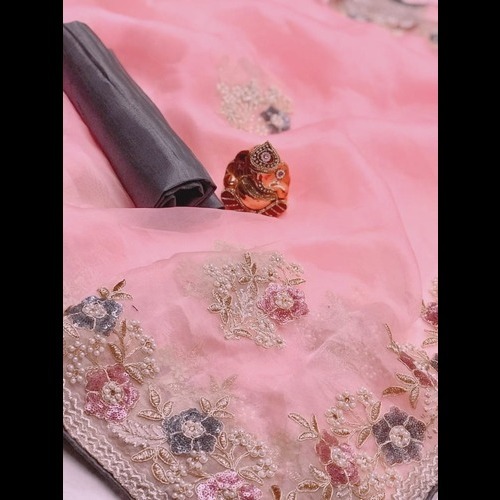 Silk Saree - 5.5 Yards Heavy Pure Orgenza Silk, Majestic Colors With Contrast Double Sequence Golden Embroidery, Pearl Work & Banglori Satin Silk Blouse