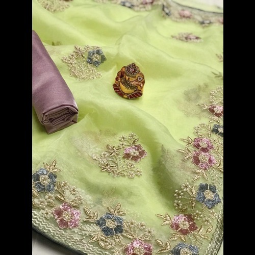 Silk Saree - 5.5 Yards Heavy Pure Orgenza Silk, Majestic Colors With Contrast Double Sequence Golden Embroidery, Pearl Work & Banglori Satin Silk Blouse