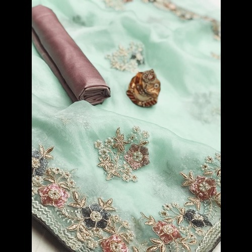 Silk Saree - 5.5 Yards Heavy Pure Orgenza Silk, Majestic Colors With Contrast Double Sequence Golden Embroidery, Pearl Work & Banglori Satin Silk Blouse