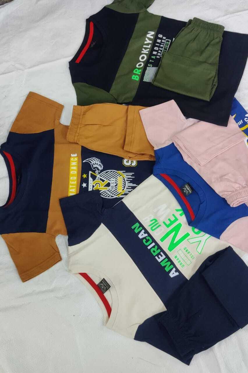 Kids 3/4th Set - Export Surplus Quality, Cotton Blend, Ages 1 To 6 Years, Short Sleeves, Centre Badge Design, Multi-color Options
