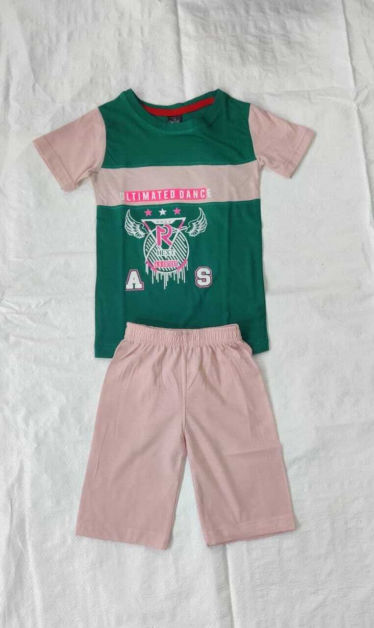 Kids 3/4th Set - Export Surplus Quality, Cotton Blend, Ages 1 To 6 Years, Short Sleeves, Centre Badge Design, Multi-color Options