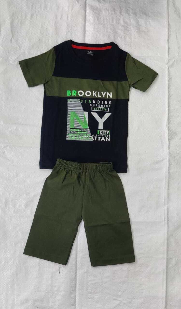 Kids 3/4th Set - Export Surplus Quality, Cotton Blend, Ages 1 To 6 Years, Short Sleeves, Centre Badge Design, Multi-color Options