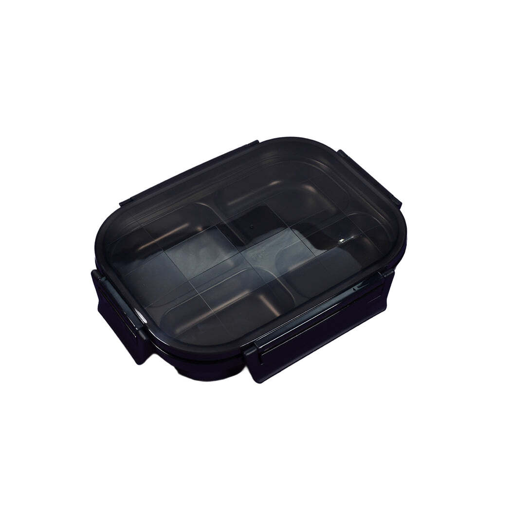 Lunch Box With 4 Compartments - Stainless Steel & Pp, 23x28x8 Cm, Black | Durable, Detachable Tray, Large Capacity, Ideal For Work & School