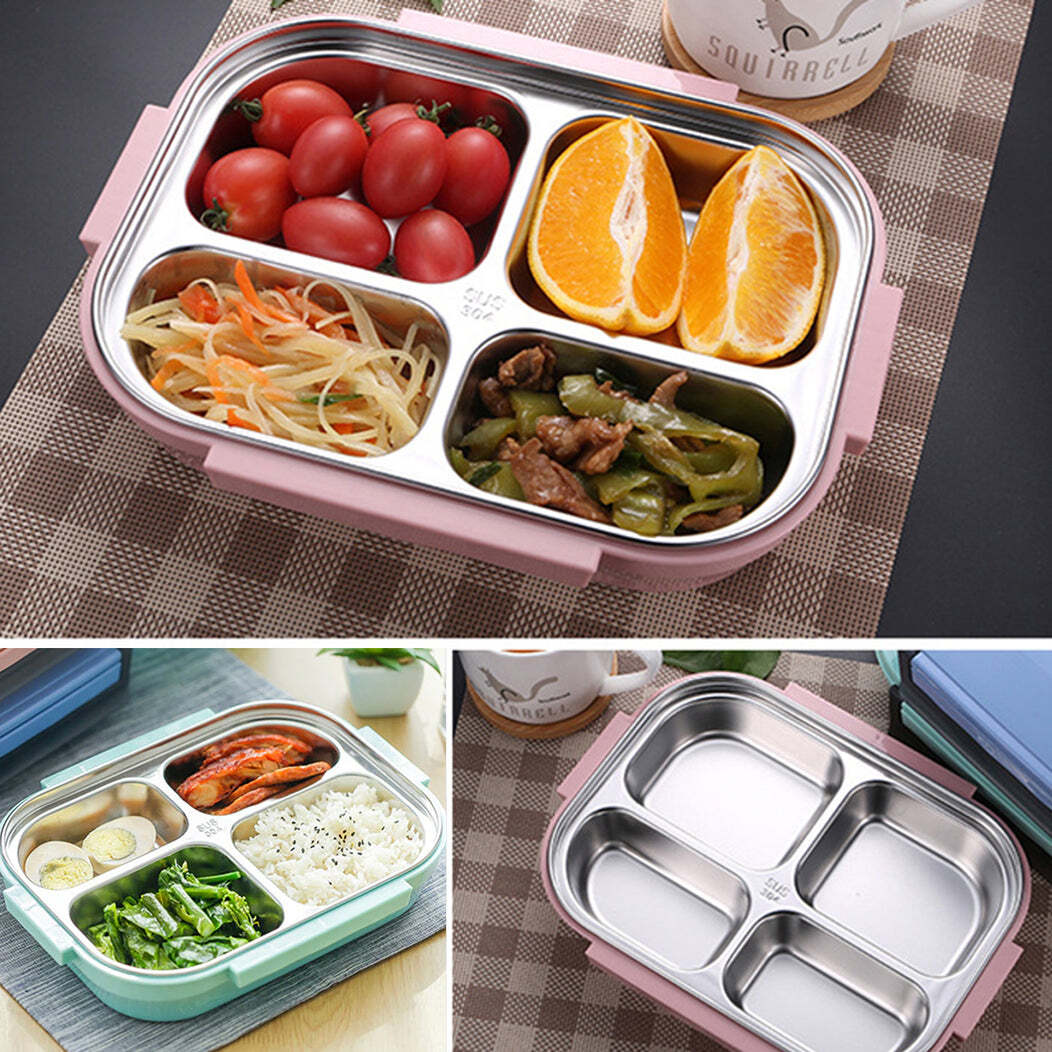 Lunch Box With 4 Compartments - Stainless Steel & Pp, 23x28x8 Cm, Black | Durable, Detachable Tray, Large Capacity, Ideal For Work & School