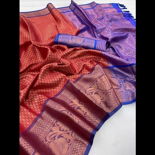 Banarasi Saree - Soft Silk Fabric, 6.3m Length, Red And Purple, Zari Work | Traditional Ethnic Design, Perfect For Festive And Wedding Occasions