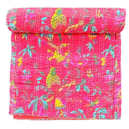 100% Cotton Bird Print Kantha Bed Throw Queen Size Kantha