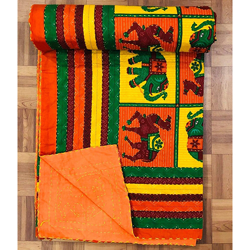Traditional Rajasthani Camel And Elephant Print Kantha Quilt - Material: 100% Cotton