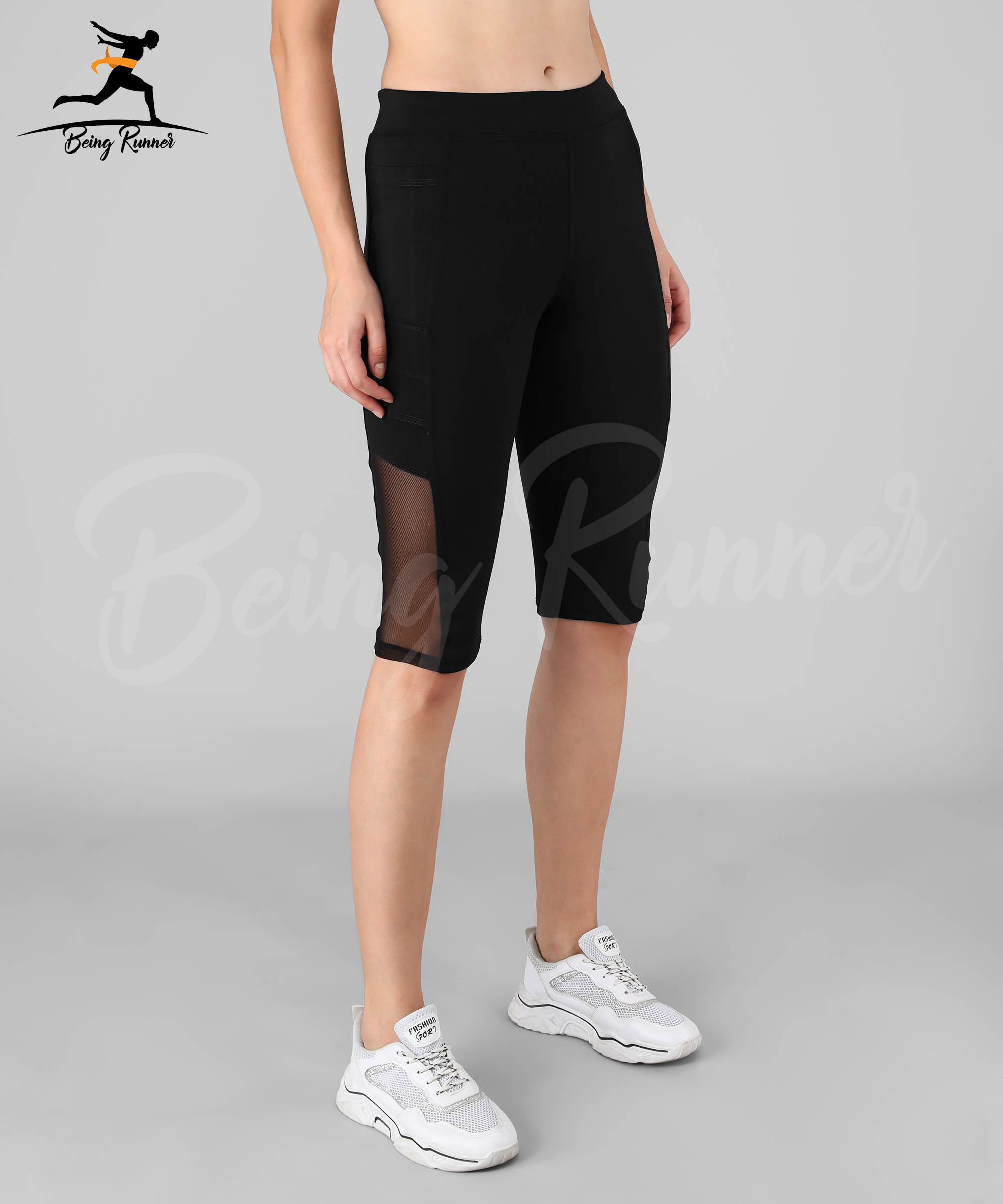 Being Runner Women Black Knee Capri Mesh Net Pattern With Pocket Age Group: Adults