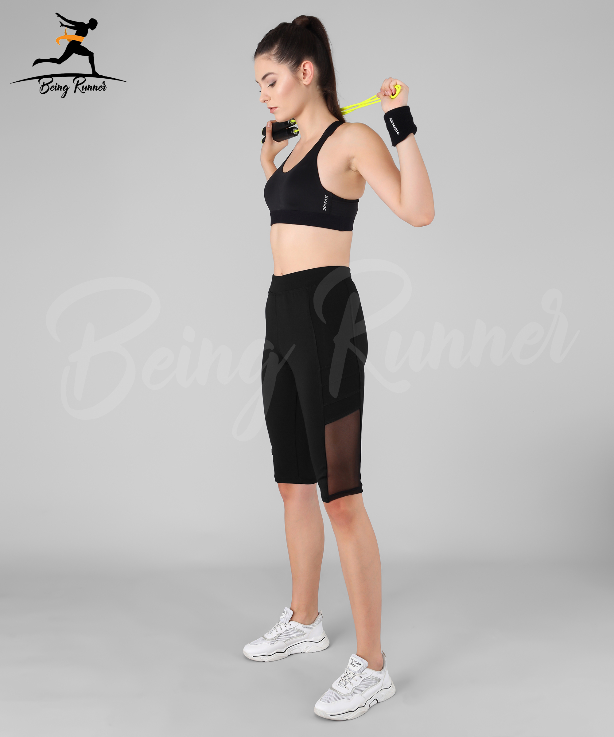 Being Runner Women Black Knee Capri Mesh Net Pattern With Pocket Age Group: Adults