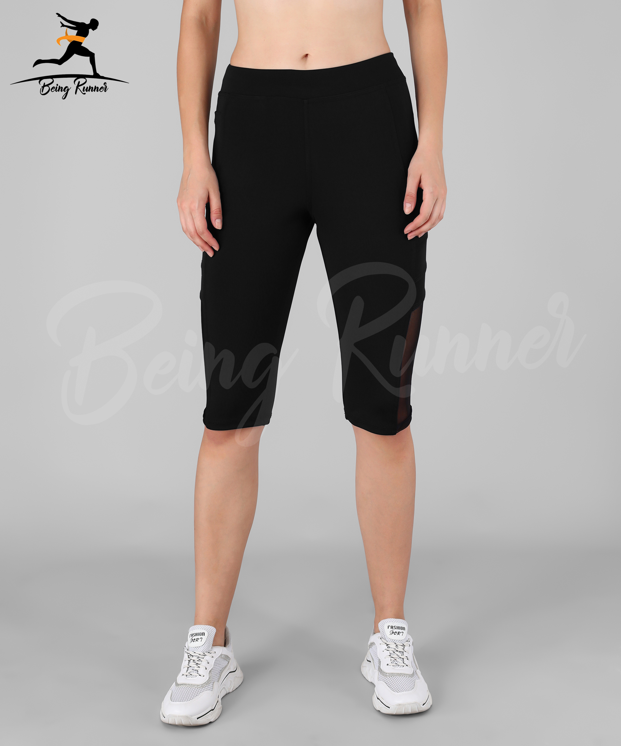 Being Runner Women Black Knee Capri Mesh Net Pattern With Pocket Age Group: Adults
