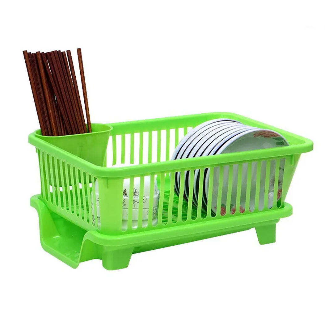 Durable Plastic Large Sink Set Dish Rack Drainer With Removable Tray For Kitchen - 43x30x18 Cm , Hollow Design With Diversion Tray, Individual Chopsticks & Spoon Cylinder, Multi-use For Kitchen & Office