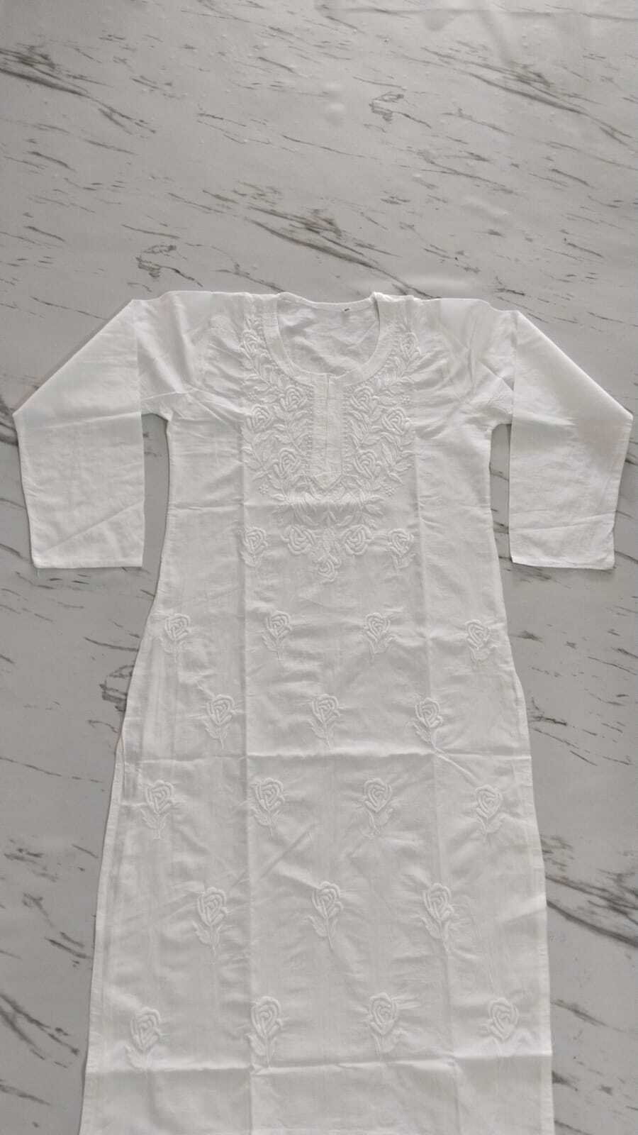 Lucknowi Latest White Chikan 100% Cotton Kurti With Fabric Machine Work Embroidey Length-42