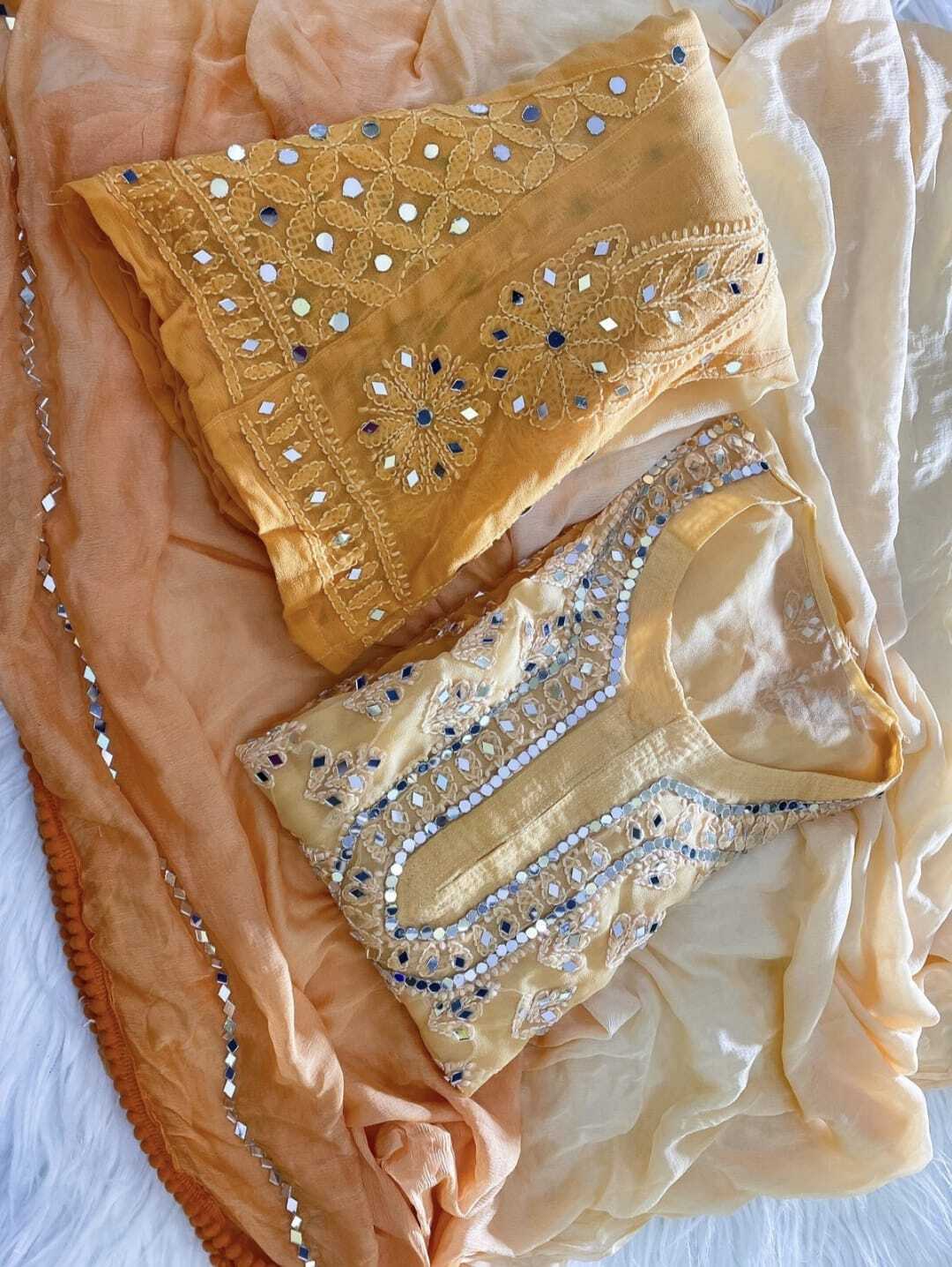 Lucknowi Latest Chiffon Booti Jall Kurti With Sharara And Dupatta Set Mirror And Hand Work Embroiderd