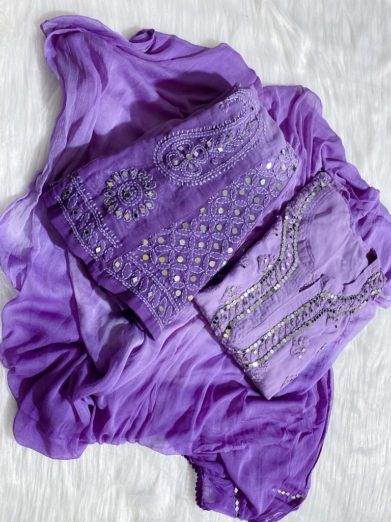 Lucknowi Latest Chiffon Booti Jall Kurti With Sharara And Dupatta Set Mirror And Hand Work Embroiderd