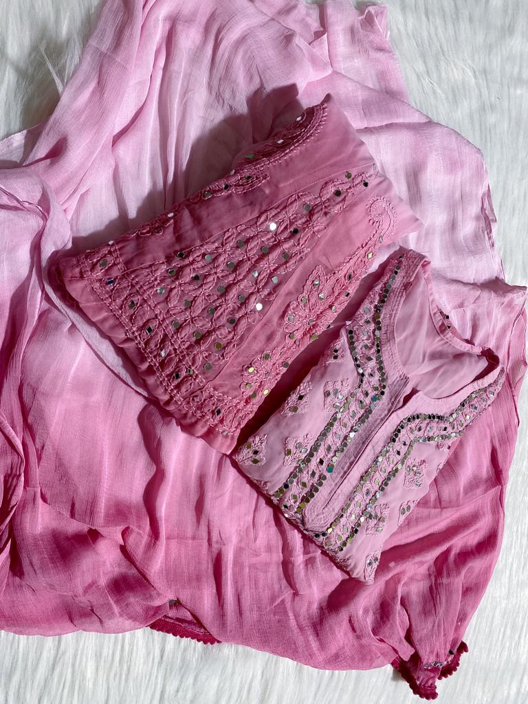 Lucknowi Latest Chiffon Booti Jall Kurti With Sharara And Dupatta Set Mirror And Hand Work Embroiderd