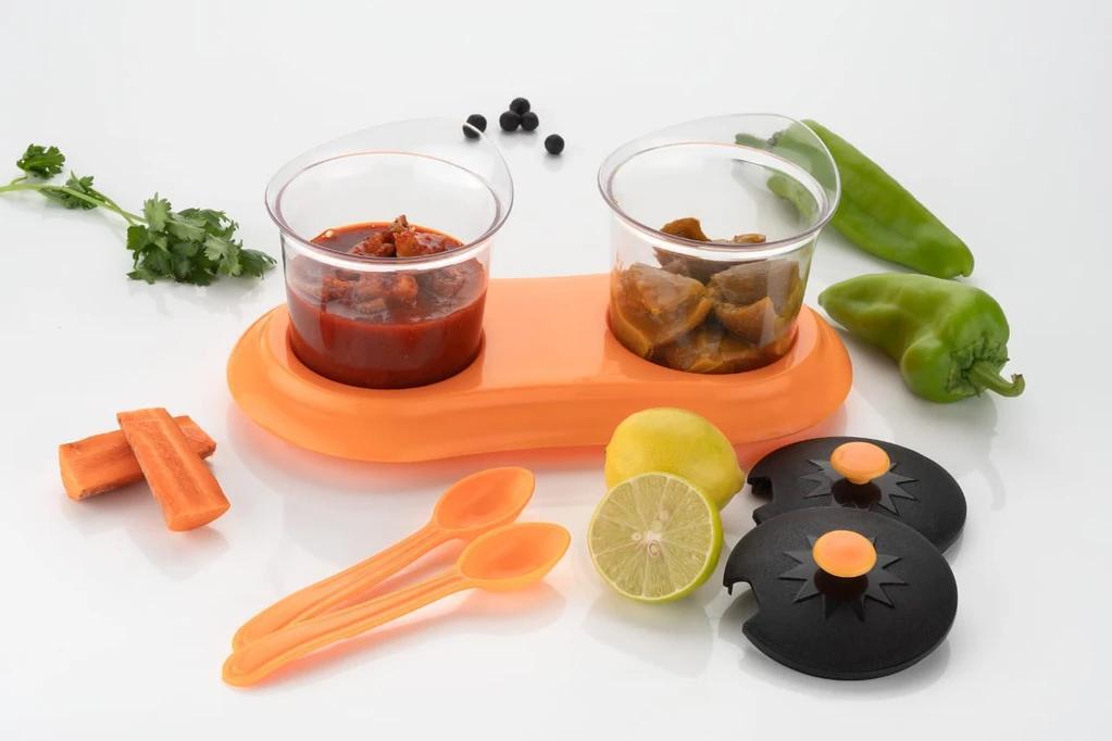 Multipurpose Dining Set Jar And Tray Holder(0608) - Pure Plastic, Removable Compartments | Ideal For Pickles, Chutneys, Spices, Comes With Spoons And Tray