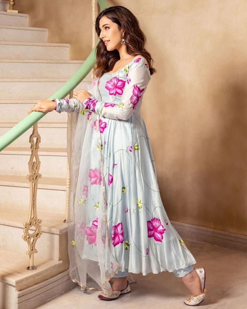 Flower Maxi Gown With Dupatta - Georgette Fabric, Size S-xxl, Flare Sleeves, Printed Pattern, Daily Wear