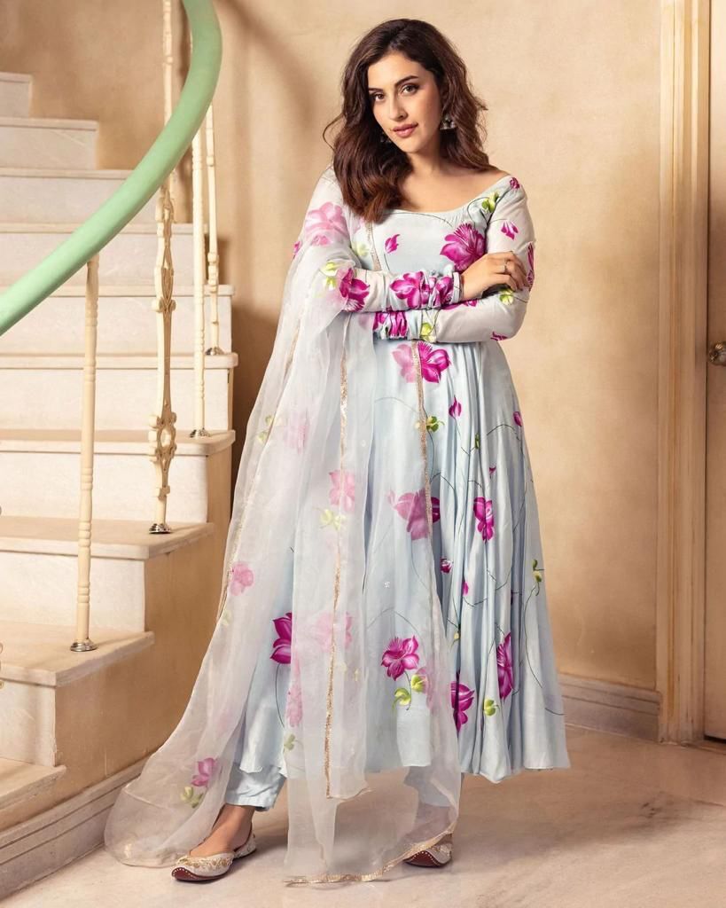 Flower Maxi Gown With Dupatta - Georgette Fabric, Size S-xxl, Flare Sleeves, Printed Pattern, Daily Wear
