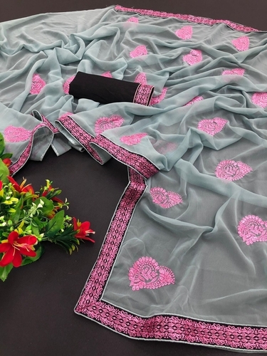 कैज़ुअल हेनल ग्रे जॉर्जेट साड़ी