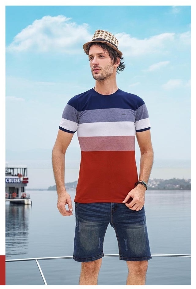 Mens Casual Striped T-shirt - Slim Fit, Half Sleeves, Round Neck, Airtex Fabric, Size 36-40, Machine Washable, Available In 6 Colors | Pack Of 18