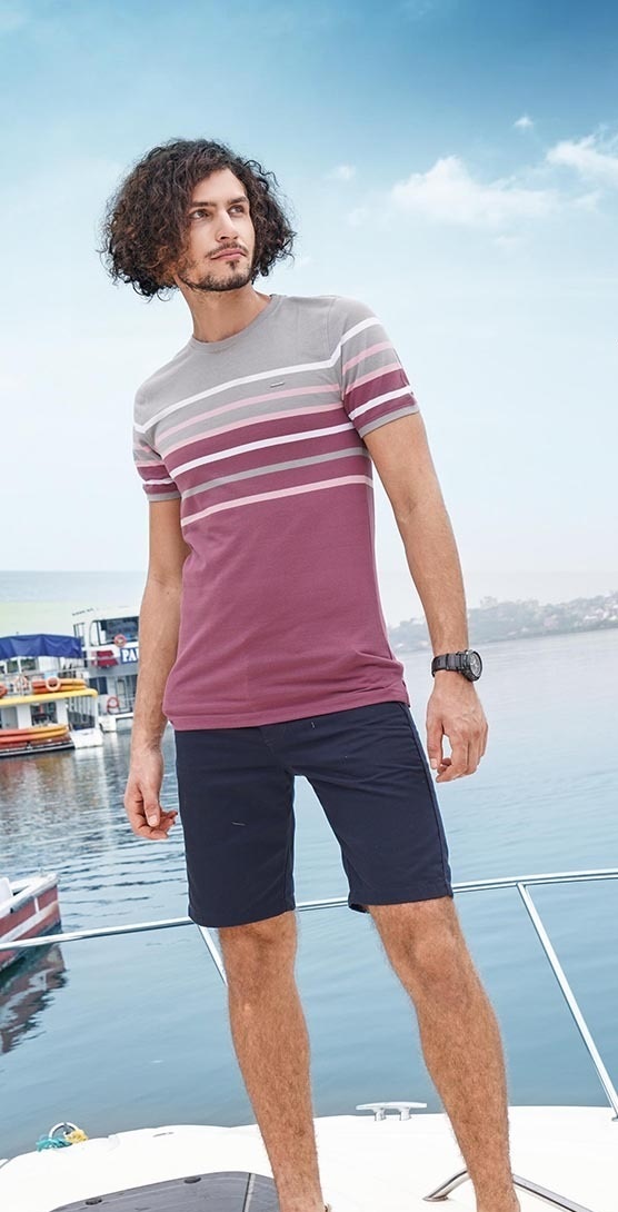 Mens Casual Striped T-shirt - Slim Fit, Half Sleeves, Round Neck, Airtex Fabric, Size 36-40, Machine Washable, Available In 6 Colors | Pack Of 18