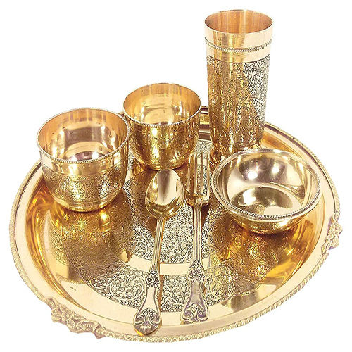 Gold Tamrapatra Pure Brass Dinner Set Of 7- Brass (Thali With Border)