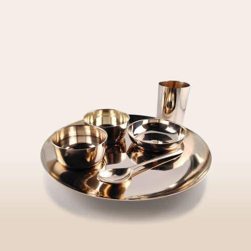 TamraPatra Bronze Kansa Thali Dinner Set - 30x30x6 cm, Polished Gold Finish, Weighing 1800g, Elegant Dining Experience
