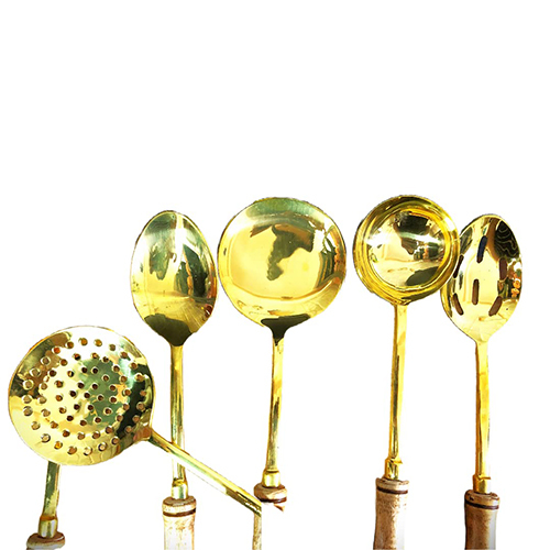 Tamrapatra - Pure Brass Serving Spoon Set Of 6, Polished Gold Finish With Durable Wooden Handles