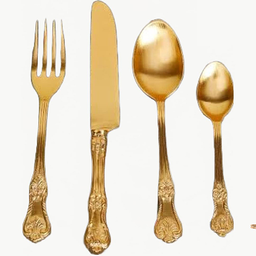 गोल्ड ताम्रपात्रा प्योर ब्रास एनग्रेव्ड कटलरी फ्लैटवेयर सिल्वरवेयर 4 पीस का सेट